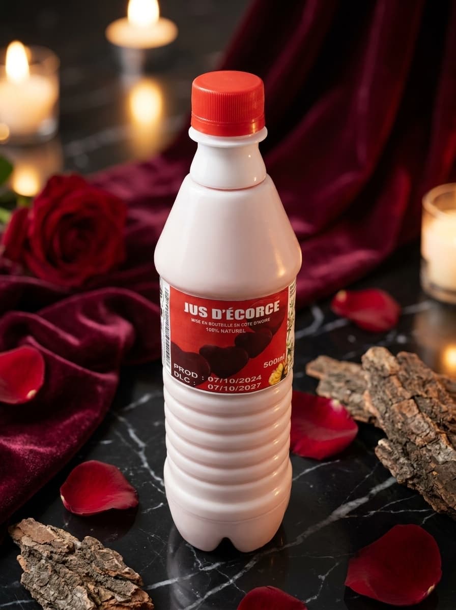 Jus d’écorce Atote 500 ml sur marbre noir, pétales de rose et écorce, lumière de bougies